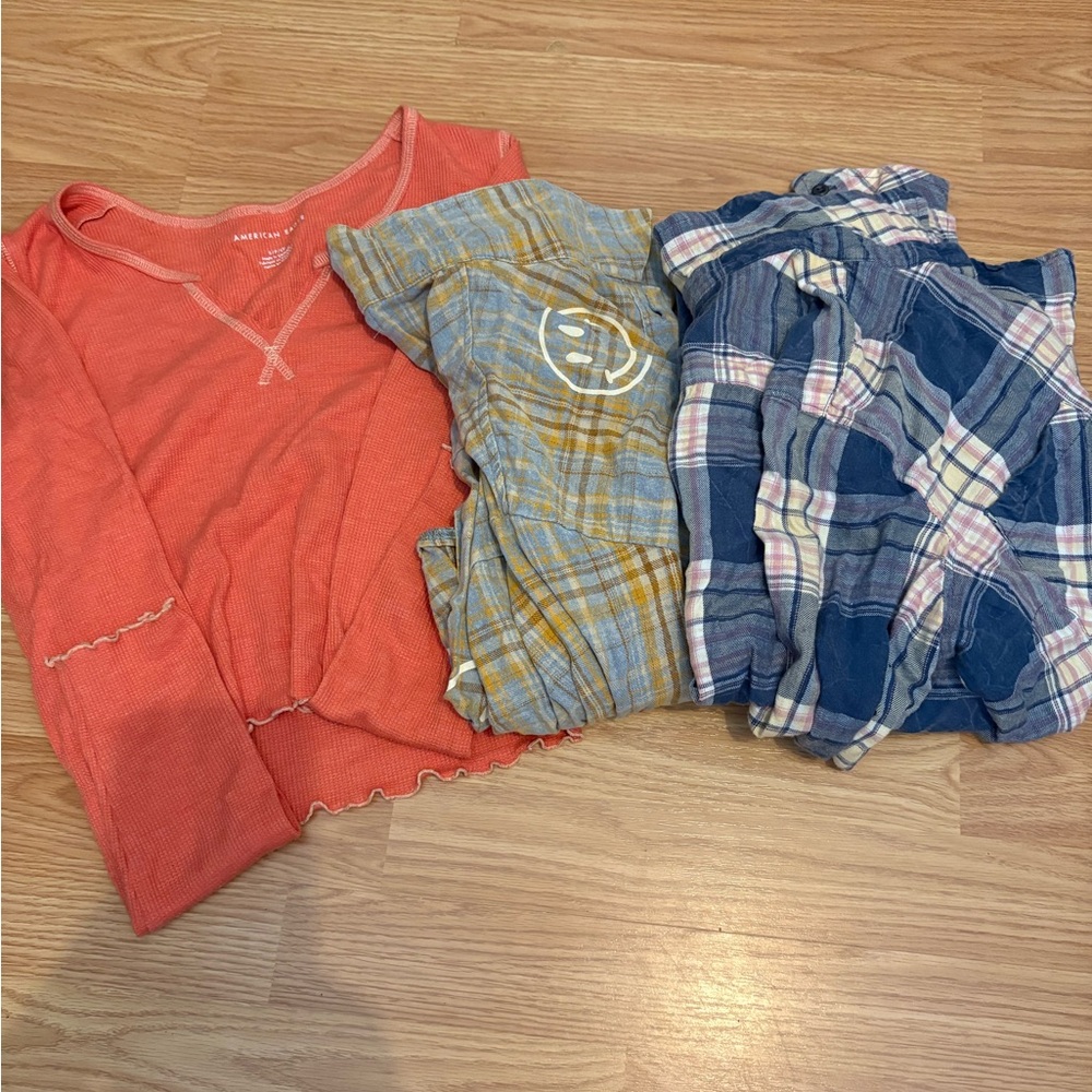 Orange Long Sleeve Top and Plaid Shirts Bundle